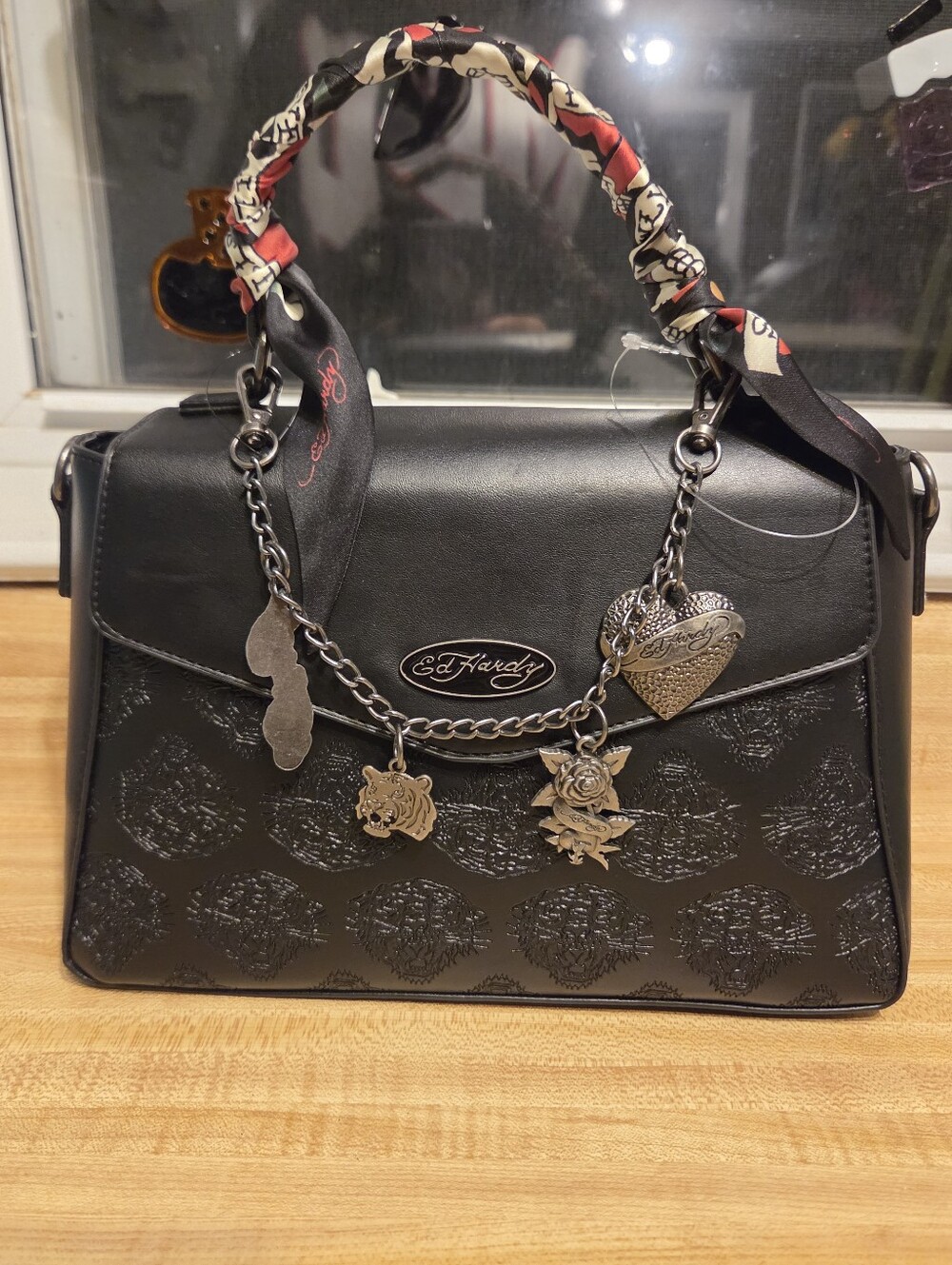 Ed Hardy NWT Black Tiger Embossed Mini Tote W/Scarf Detailing & Guitar Strap